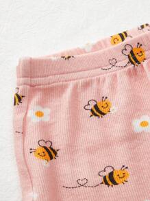 Cozy Pixies 2 件装女婴刺绣花朵和蜜蜂图案针织柔软圆领短袖上衣配松紧腰短裤套装