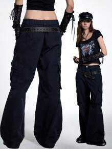 SHEIN EZwear 女士春夏节日外出街头装带口袋黑色喇叭裤 - 深灰色 - 查看 6