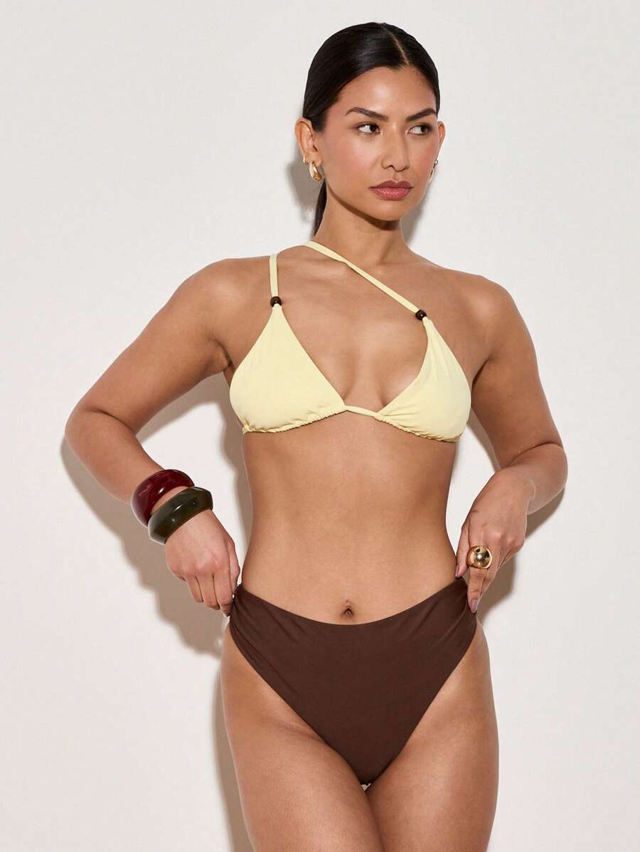AiiRZ One Shoulder Contrast Colour Bikini Top And Ruched Bottoms - Multicolor - View 1