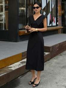 DAZY Vestido ajustado con cuello en V y cintura fruncida, vestido de verano elegante. Ropa de vuelta al colegio - Negro - Ver 5