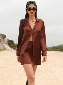 Femmeiva 2pcs Women Business Casual Satin Blouse With Metal Buttons & Short Straight Skirt Set Fall Cloth For Women - Brown - View 6
