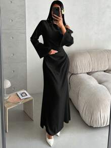 Aloruh Pink Valentine's Day Minimalist High-Quality Taffeta Asymmetric Shoulder Ruched Flare Sleeve Long Fitted Mermaid Skirt