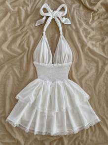 Soleia Summer Sleeveless Multi-Layer Backless Tie Wrap Waist Dress,Sun Dress - White - View 6