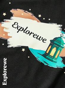 Tween Boy 时尚户外灯笼文字复古印花黑色圆领短袖 T 恤，夏季