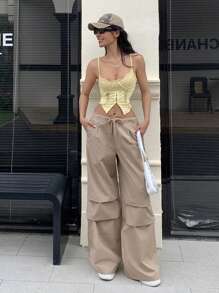 Muchica Women's Solid Color Drawstring Waist Pleated Palazzo Pants, Casual - Camel - View 3