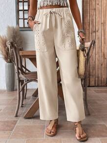 SHEIN LUNE Quần Hammer thiết kế túi vải lanh Jacquard màu cho nữ - Màu be - Xem 6