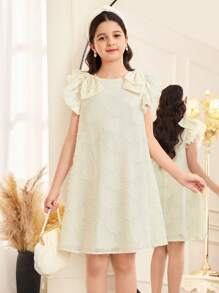 SHEIN Tween Girls' Loose Cute Casual Round Neck Bow Decor Elegant Laser Cut Jacquard Midi Dress