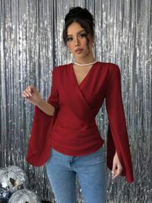 Chiquease Women's V-Neck Long Sleeve Casual Ruched Waist Blouse - Burgundy - View 4