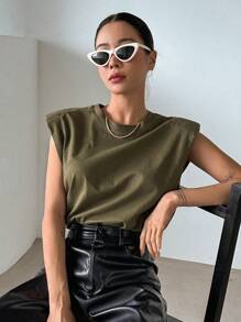 DAZY Solid Shoulder Pad Tee - Army Green - View 7