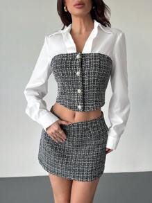 Firerie 2pcs Women's Black And White Checkered Tweed Patchwork Blouse + Knee Length Skirt Set,Autumn Elegant Brunch Outfit For Party,Business Casual - Black and White - View 3