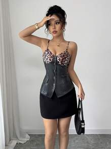 Elenzga Blusa de mujer con estampado de leopardo, patchwork y cuero, sexy y dulce - Negro - Ver 4