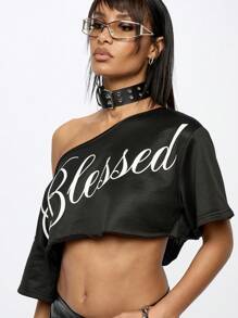 SUMWON WOMEN Crop Top One Shoulder Statement Tee Choker Necklace Casual Streetwear Gothic Festival Oversized Short Sleeve T-Shirt Urban Fashion - Black - View 6