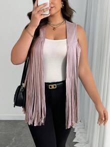 SHEIN Holidaya Plus Size Women Solid Color Splice Tassel Design Open Front Sleeveless Jacket