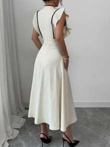 Chiquease Women's Elegant Ruffle Trim Color Block Cap Sleeve Chinese Style Button Waisted Long Dress - Beige - View 2