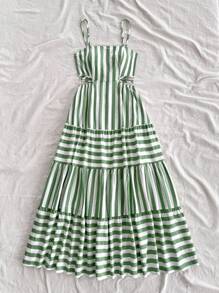 Soleia Women's Green And White Striped A-Line Dress, Casual Summer Beach Lunch Graduation/Wedding Occasion, Cutout Waist And Open Back Design, For Spring - Multicolor - View 4