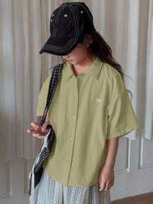 Dazy Kids 少女短袖彼得潘领刺绣衬衫，春夏款，返校季复活节服装 - 綠色 - 查看 4