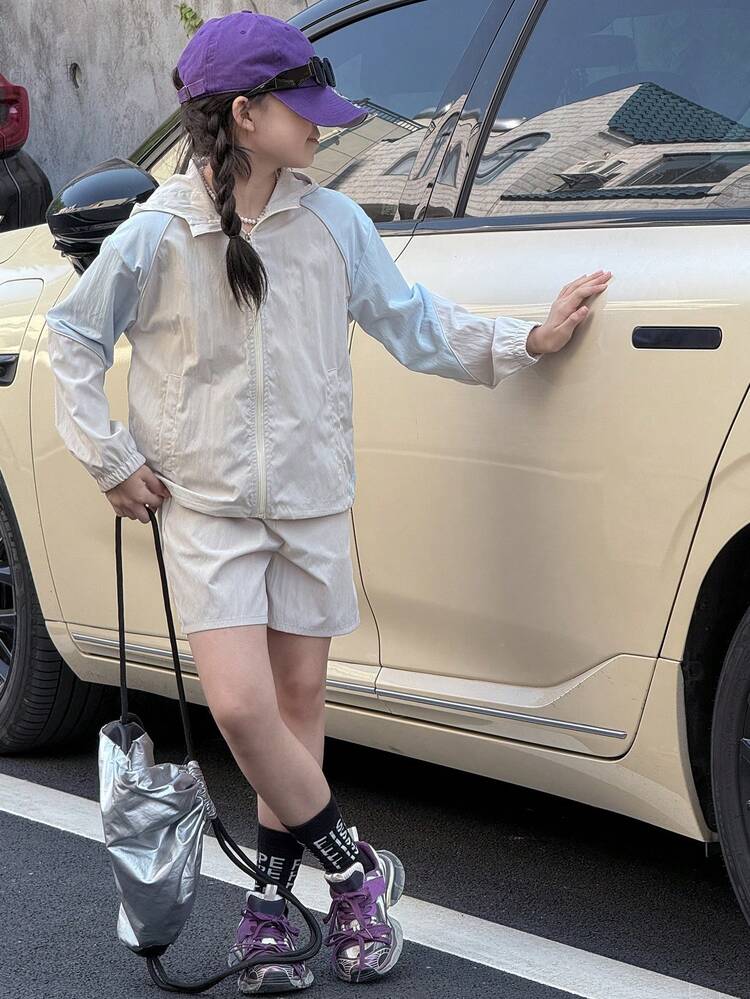 Tween Girls Contrast Color Long Sleeve Hooded Jacket And Shorts Casual Outfit Set,Girls Summer Outfits,Back To School Clothes