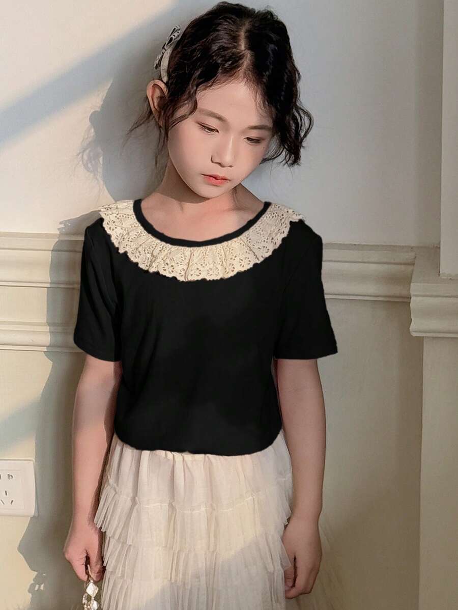 DAZY 青少年女孩圆领蕾丝拼布针织短袖 T 恤,秋季服装,返校服装 - 黑色 - 查看 1