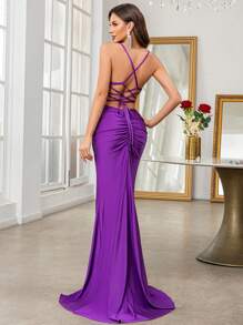 SHEIN Belle 吊带露背高腰亮片拼接高开叉长裙连衣裙毕业夏季连衣裙长款女装 - 紫色 - 查看 2