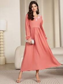 Modelyn Women's Pearl Decor Cinched Waist Flared Dress For Parties - Orange - View 3