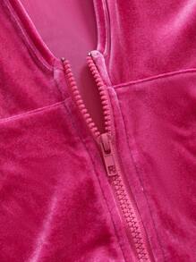 ROMWE Grunge Punk Y2K Velvet Crop Hoodie And Low-Rise Flare Pants 2pcs Set For Women - Pink - View 3