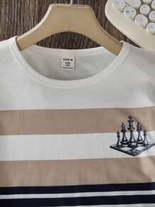 SHEIN Explorewe 2pcs/Set Tween Boy Stripe & Checkerboard Print Round Neck T-Shirt And Sports Shorts Set, Casual Outfit Sets Casual - Multicolor - View 7