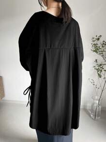 FRIFUL Women's Casual Solid Color Round Neck Dropped Shoulder Long Sleeve Side Slit Hem T-Shirt, Autumn - Black - View 5