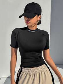 DAZY Women's Half Turtleneck Tight Short Sleeve T-Shirt With Letter Print And Cropped Hem Y2k,Fall Clothes - Black - View 6