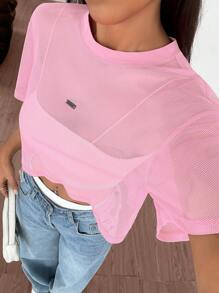 SHEIN EZwear Blusa corta de malla transparente rosa para mujer, de verano - Rosa - Ver 3