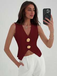 Aloruh Women Solid Color Sleeveless Metal Decor Minimalist Sweater, Suitable For Summer - Rose Red - View 6