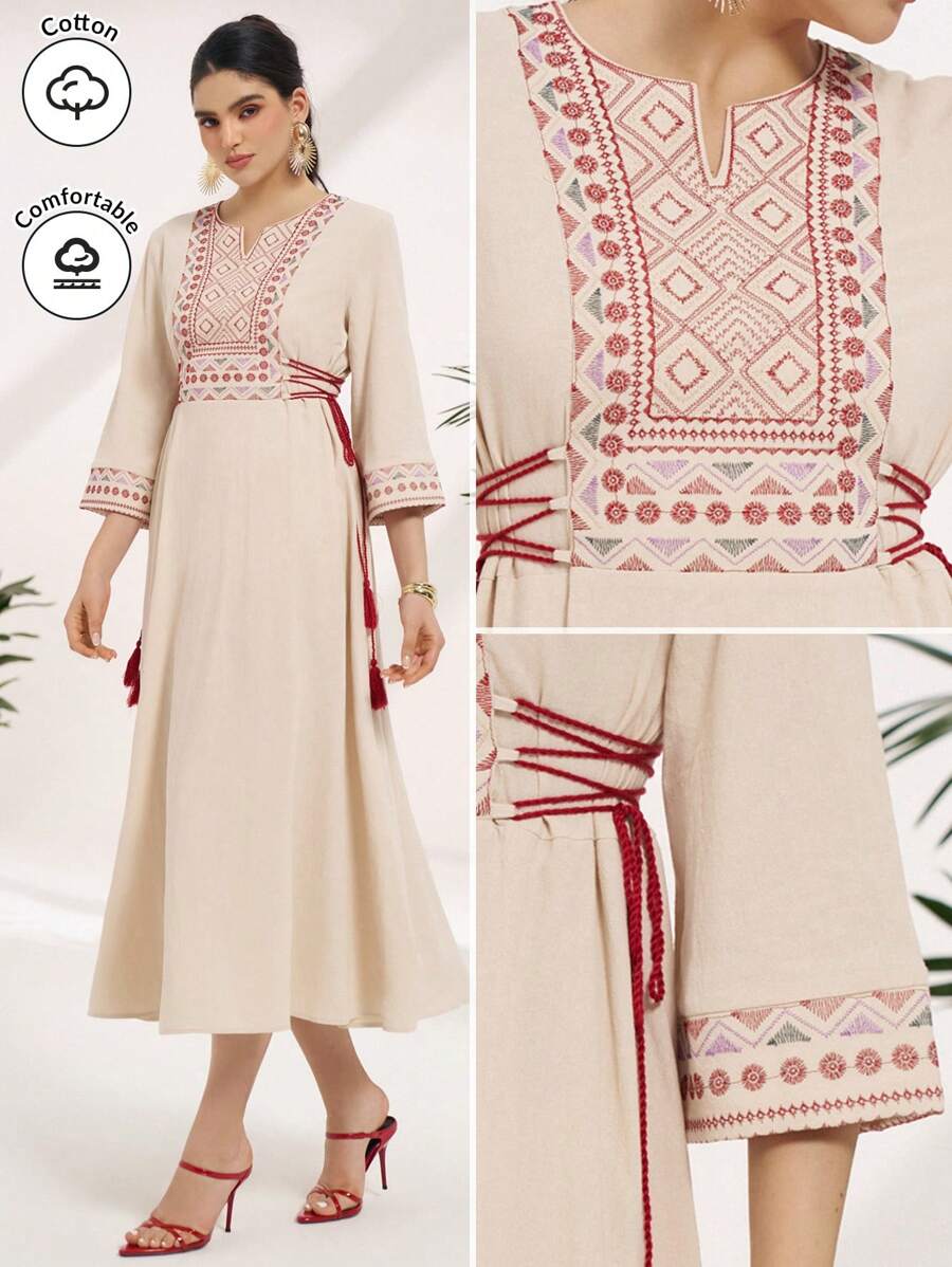 TrendSteals 女士度假休闲刺绣拼布交叉系带长裙