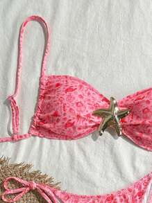 Swim Mod Random Shell Golden Decor Spaghetti Strap Wireless Top And Swim Briefs, Women Summer Beach Vacation 2Pcs Swimwear Set - Pink - View 3