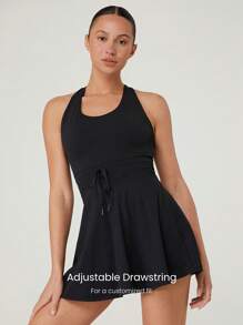 GLOWMODE Vestido con shorts incorporados, de efecto escotado, con tirantes cruzados, cintura con cordón y copas incorporadas FeatherFit™-Air, para uso casual, activo y de tenis de bajo impacto