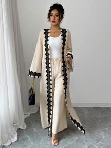 Elenzga 2pcs Set Lace Patchwork Open Front Long Jacket And Pants, Lightweight Fall Cloth For Women - Multicolor - View 6