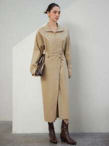 DAZY Khaki,Autumn,Elegant,Office Oversized Minimalist Asymmetrical Design Cinched Waist Shirt Dress With High Slit,Mid-Length Business Casual Work Clothes - Khaki - View 7