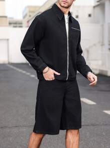 Manfinity Homme Men's Denim Set With Zip Up Jacket & Shorts, Minimalist & Fashionable, Suitable For Summer - Black - View 4