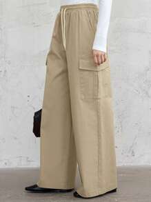 DAZY Loose Cargo Style Casual Straight Leg Women Pants With Big Pockets - Khaki - View 6