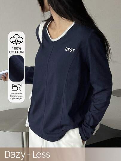 Dazy-Less 撞色长袖T恤，字母刺绣，复古风，秋季服装