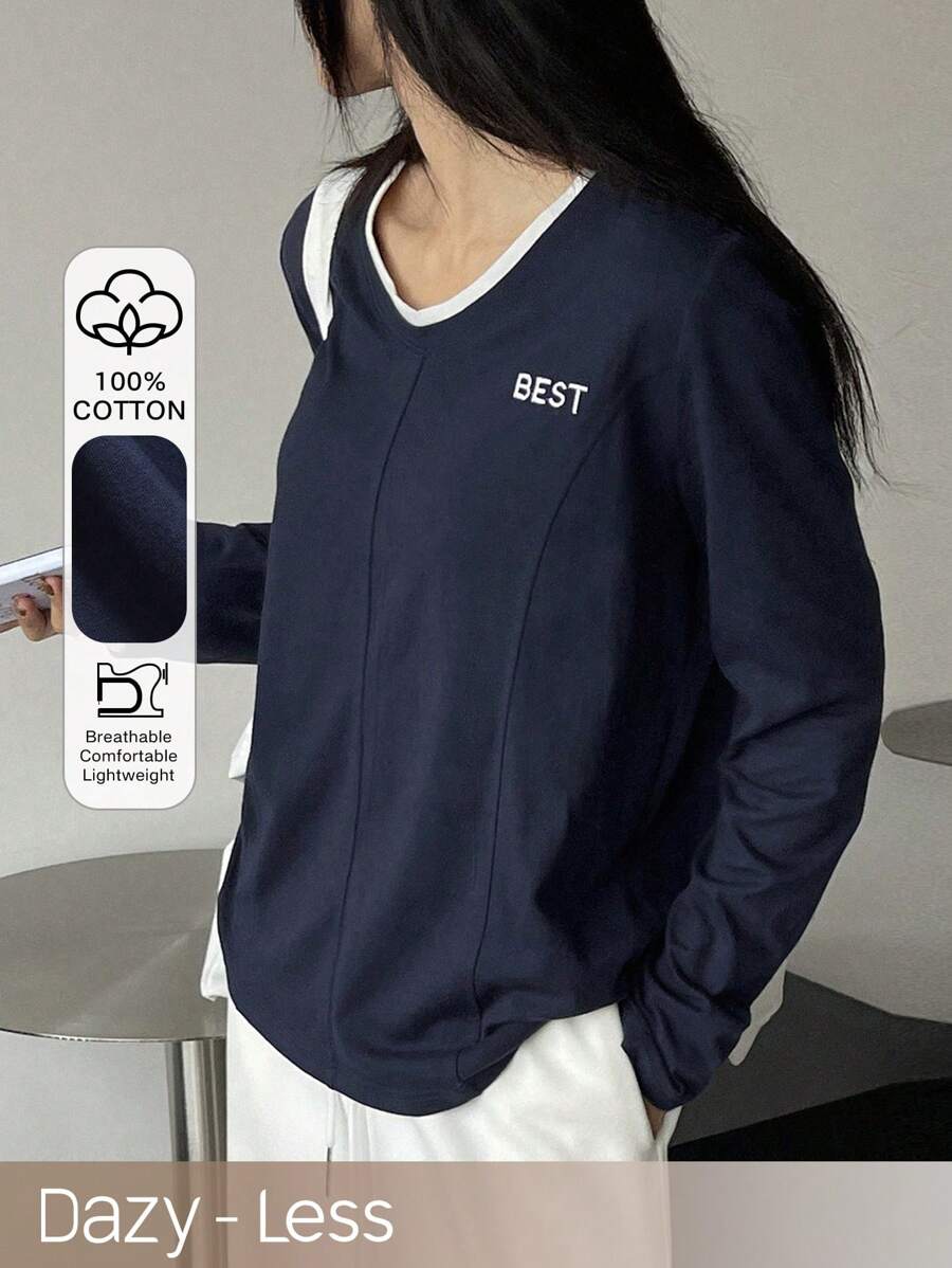 Dazy-Less Color-Blocked Long Sleeve T-Shirt With Letter Embroidery Old Money Style,Fall Clothes - Navy Blue - View 1