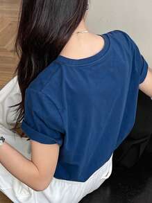 DAZY 字母印花圆领短袖T恤夏季，图案T恤 - 藍色 - 查看 5