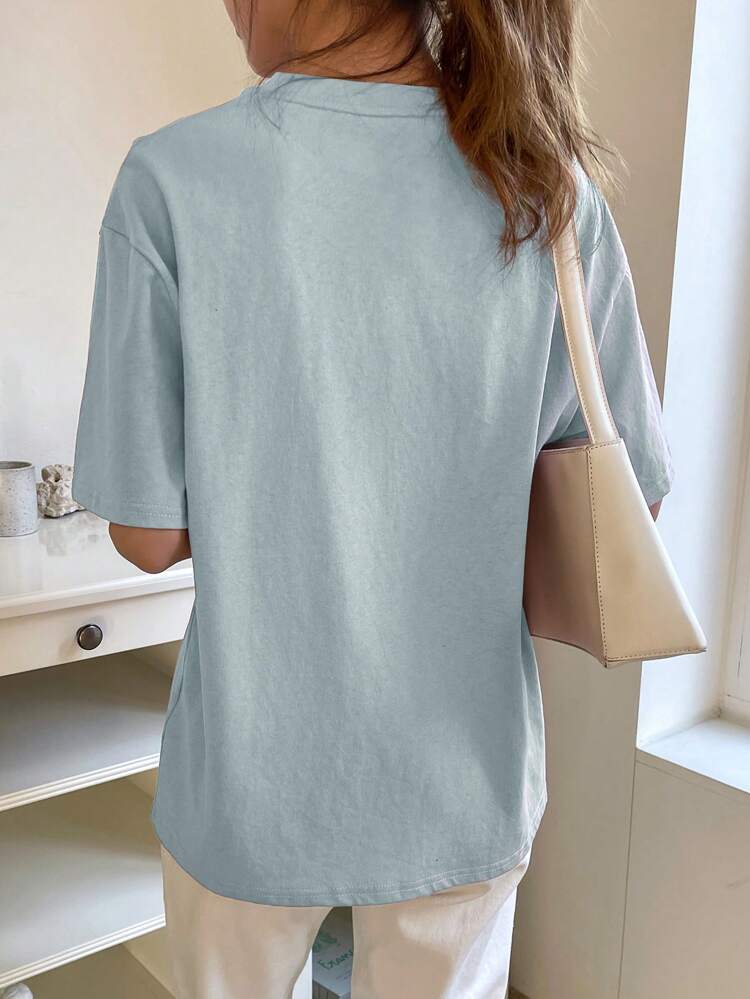 Letter Embroidery Drop Shoulder Tee Summer Preppy Tops