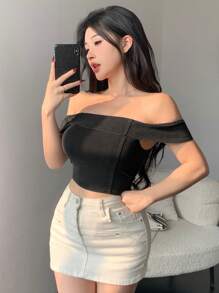 DAZY Women Off Shoulder Short Sleeve Cropped Denim Blouse - Black - View 4