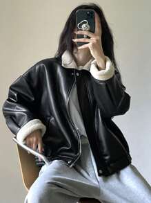 DAZY 女式 PU 皮革和仿羊毛拼布夹克，秋季女装