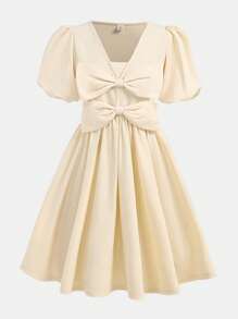 Girlism 少女可爱蝴蝶结泡泡袖 A 字形连衣裙 - 杏色 - 查看 2