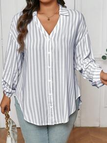 SHEIN Frenchy 大码休闲卡其色条纹长袖纽扣衬衫 - 灰色 - 查看 5