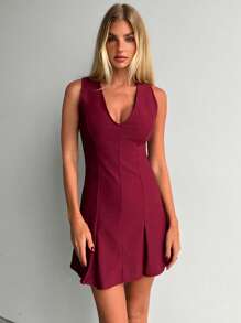 SHEIN Forever 21 Spring&Summer Women Romantic/Prom/Formal/Birthday/90s Clothes/Business Casual Woman/Elegant/Western Wear/Going Out/Fashion/Casual/Y2k Clothes/Club/Office /Cocktail/Vintage/Bodycon/Rave Outfits Festival/Funny/Classy/Old Money/Streetwear/Vacation Outfits/Country Concert Outfit/Work Clothes /Modest/Spring Break/Bachelorette Outfits/Concert/Baddie/Basic/Graduation/A Line/V Neck/Burgundy/Black Mini Dress - Burgundy - View 6