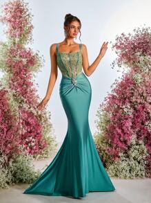 Glamrae 优雅奢华水钻装饰亮片拼接弹性针织面料褶饰美人鱼长裙，适合婚礼、派对、夜总会、度假胜地、派对礼服、婚礼宾客礼服、正式礼服、晚礼服、长袍 - 軍綠色 - 查看 4