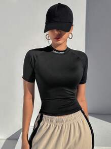 DAZY Women's Half Turtleneck Tight Short Sleeve T-Shirt With Letter Print And Cropped Hem Y2k,Fall Clothes - Black - View 4