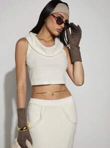 COSMINA 2pcs/Set Women Elegant Office Commuter Cream Knitted Suit, Spring/Summer - Apricot - View 4