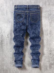 SHEIN Tween Boys' Stonewashed Distressed Denim Blue Jeans,For Kids Spring/Summer Clothes - Dark Wash - View 2